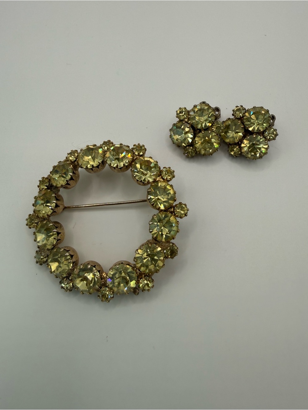 Vintage Chartreuse Rhinestone Brooch & Clip-On Earrings Set